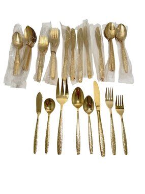 Vintage Gold Lifetime Stainless Silverware 46 Piece Set Taiwan Holiday Settings